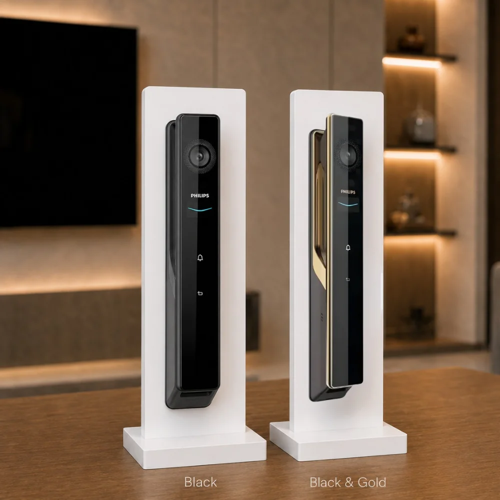 Philips DDL902-MFVP-11HWS smart lock UAE in Black and Black Gold display stand