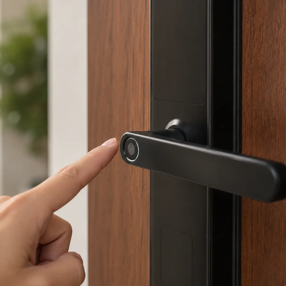 Smart Lock Fingerprint Sensor Check Finger approaching the fingerprint sensor built into a smart lock handle