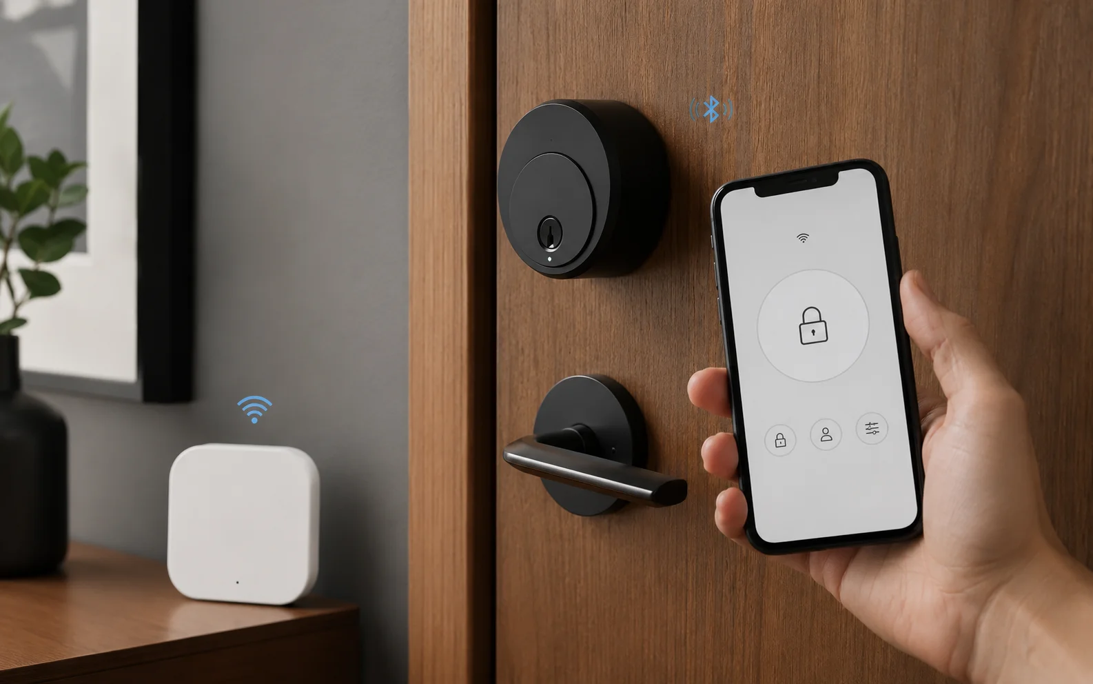 Smart Lock App Bluetooth and Gateway Check Smart lock connected to a smartphone app through Bluetooth and a Wi-Fi gateway