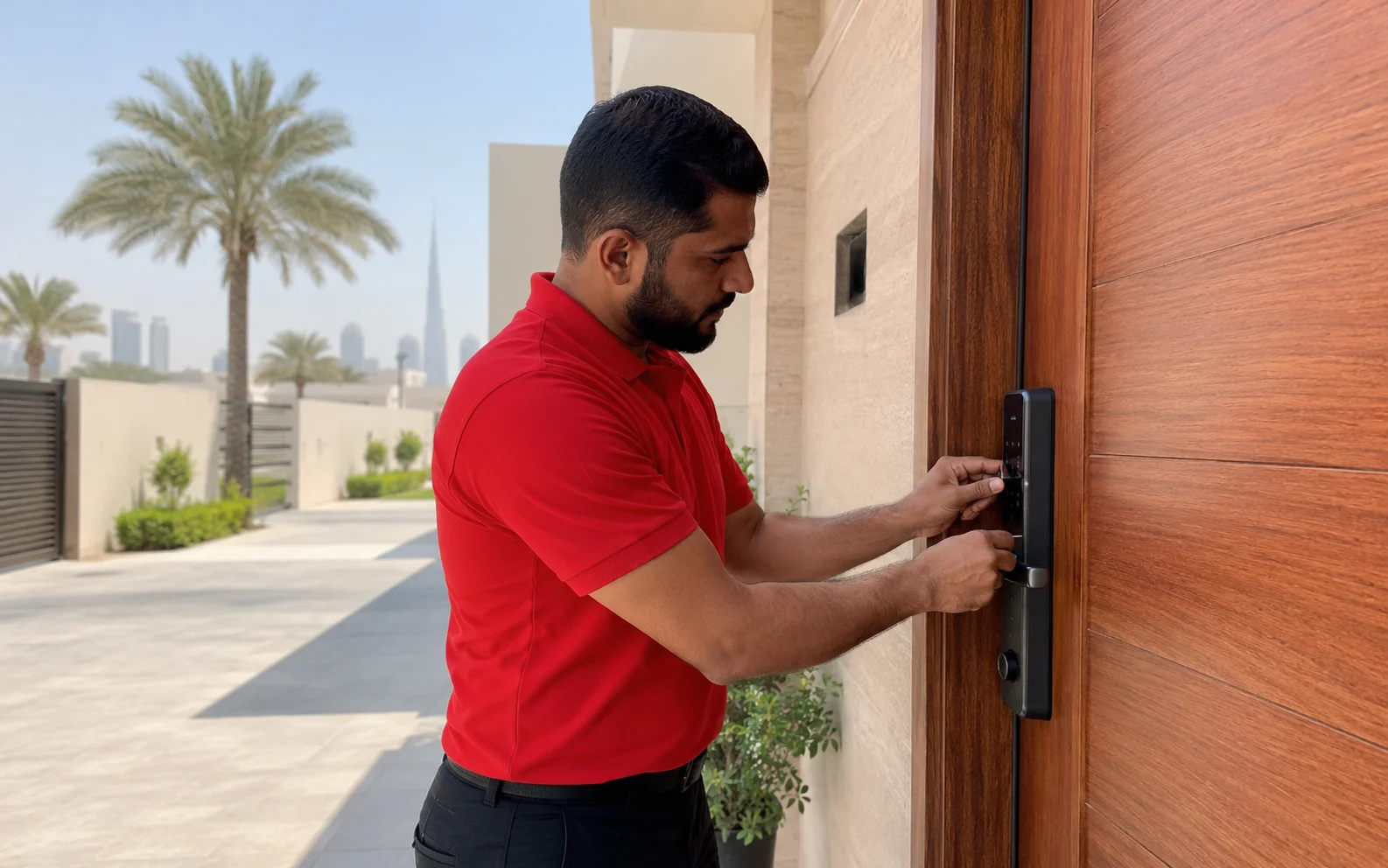 Professional Smart Lock Inspection in Dubai JustCare technician checking a smart lock on a wooden villa entrance door in Dubai