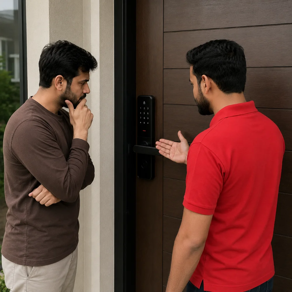 Homeowner discussing a smart lock not opening with a professional technician
