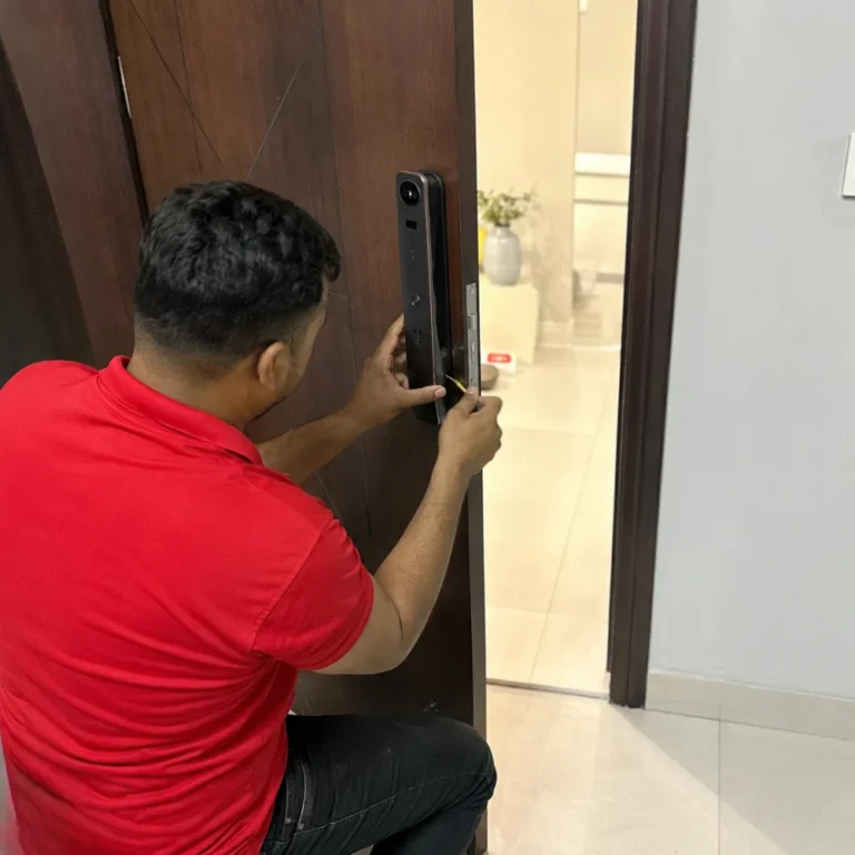 Who can install a smart lock on a wooden apartment door in Dubai