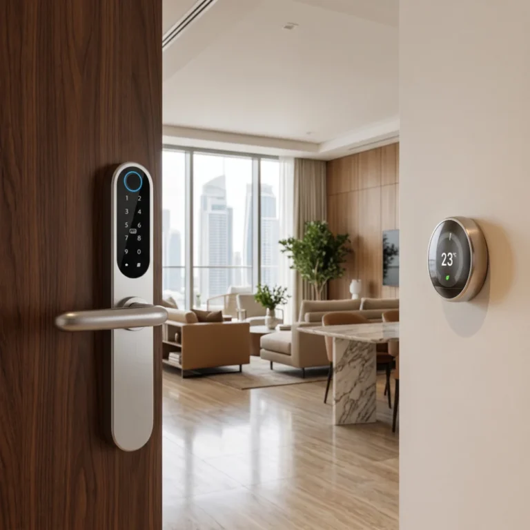 Smart door lock and Google Nest thermostat installed in a modern Dubai holiday home apartment.